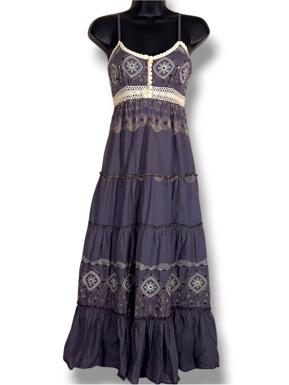 Y2K Era Juniors Large Etc Boho Dress Grey Lavender Ivory  Bohemian Whimsigoth
